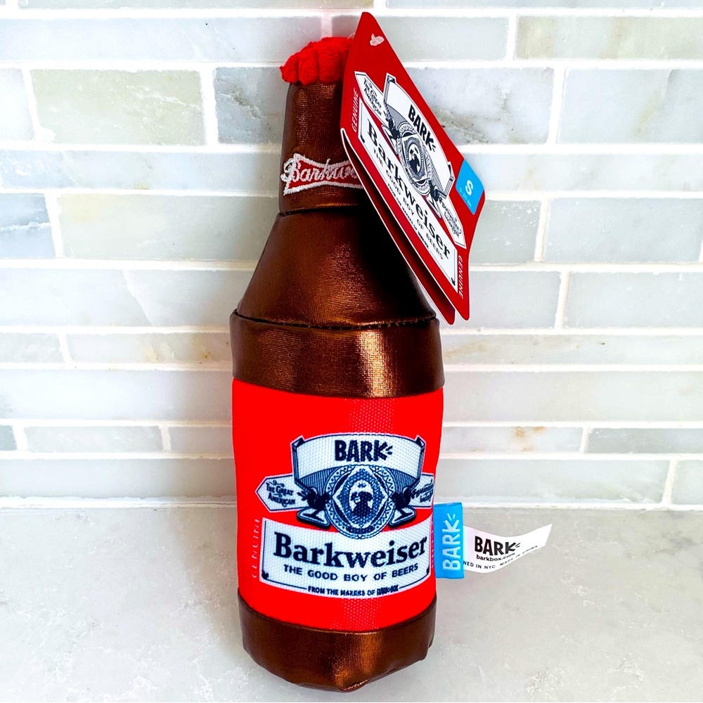 NWT Bark Box Barkweiser Budweiser Beer Bottle Dog Toy Crinkle Squeaker Small